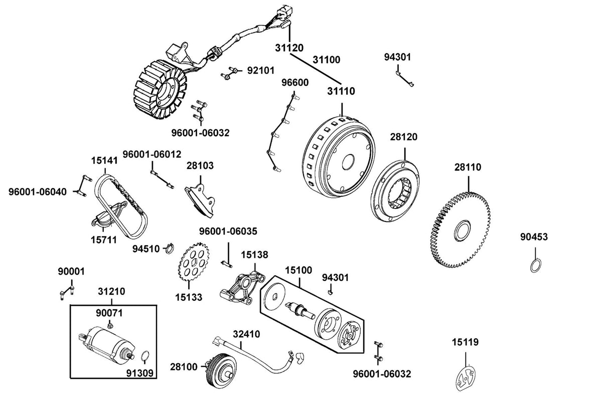 KYMCO Starting Motor and Generator exploded-view diagram, UXV 700