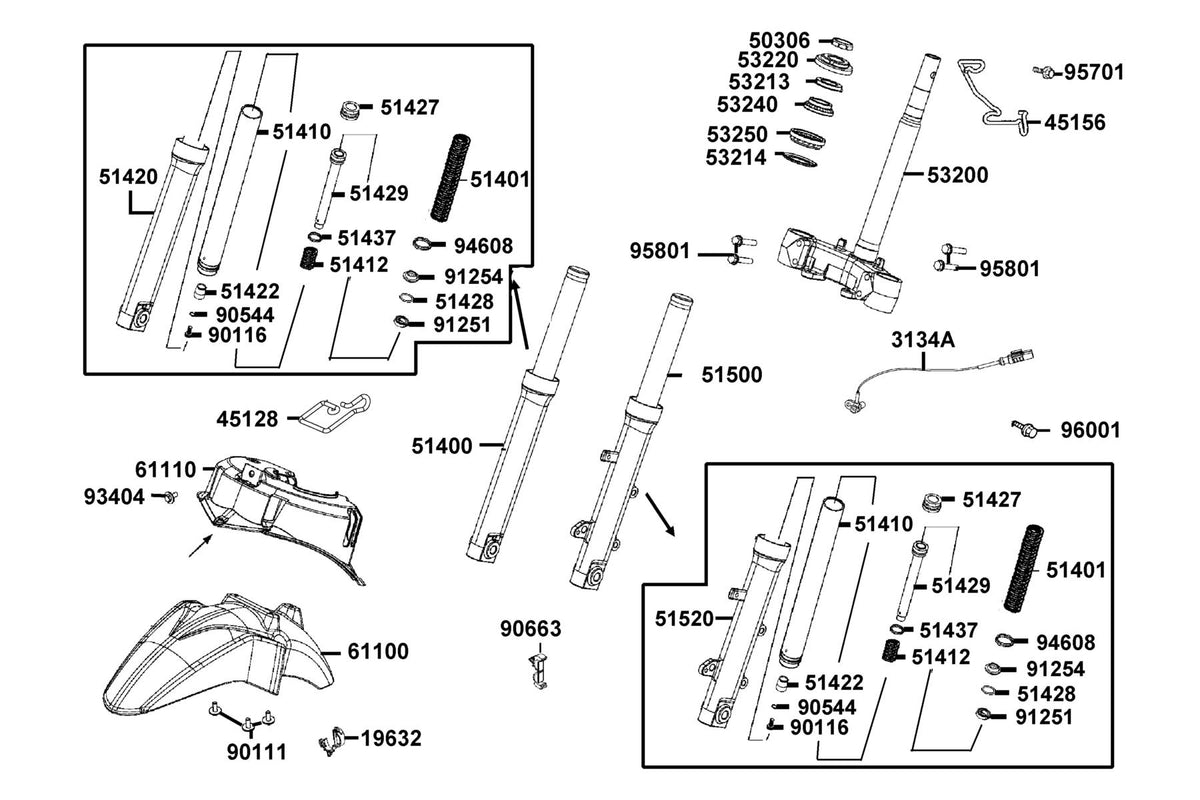 KYMCO Stem Steering and Front Cushion exploded-view diagram, People S 150i ABS