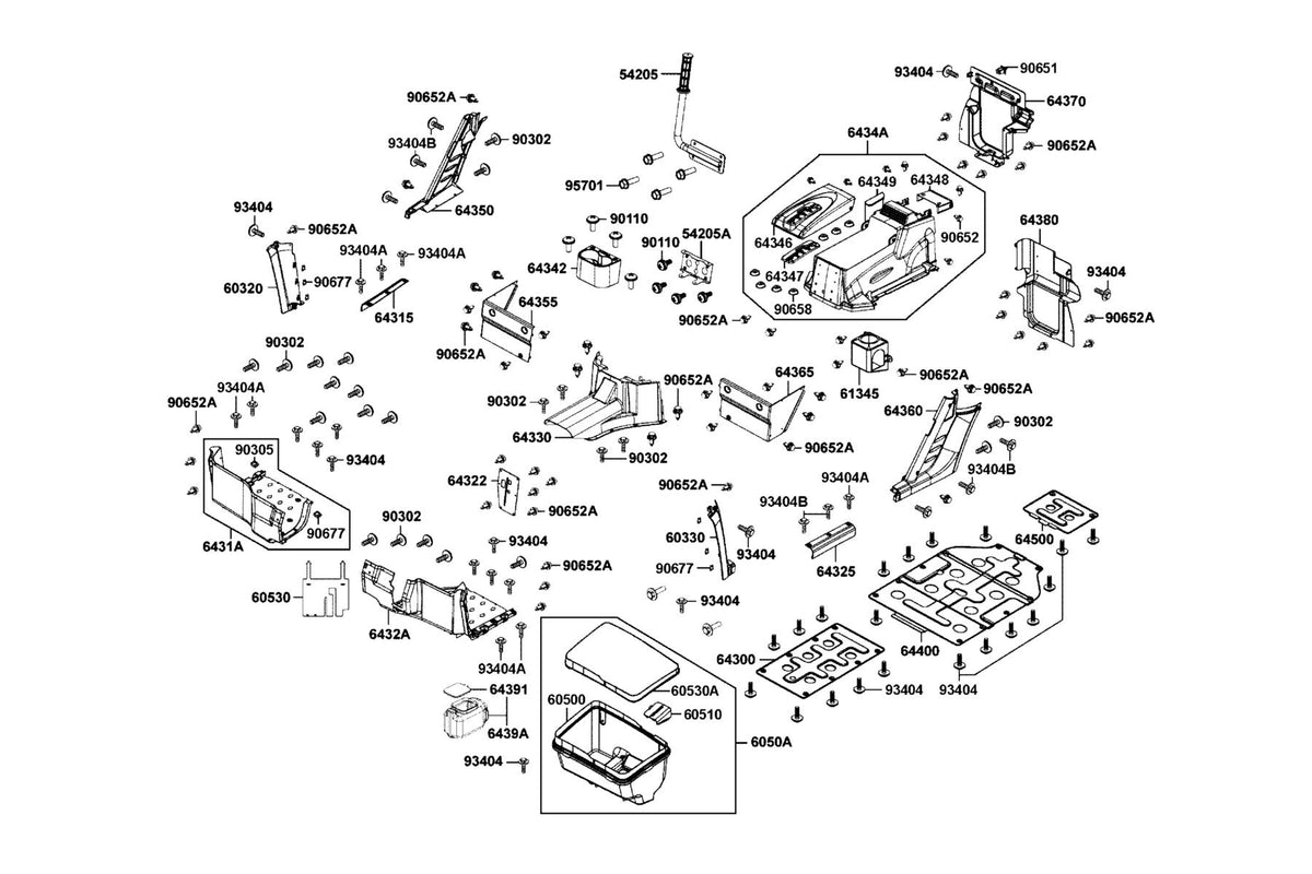 KYMCO Box Assy Luggage and Panel Assy R/L Footrest exploded-view diagram, UXV 700