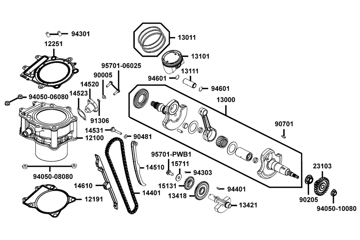 KYMCO Cylinder and Piston and Crankshaft exploded-view diagram, UXV 450