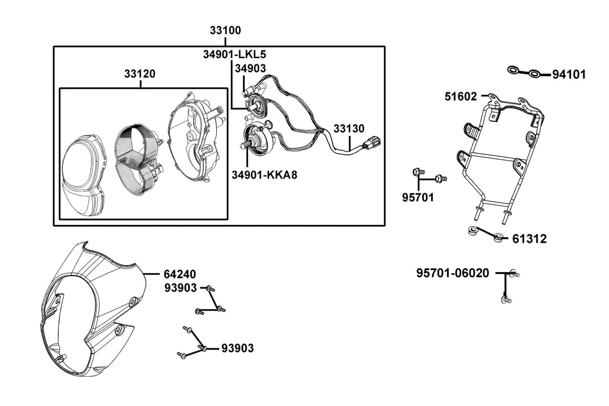 KYMCO Head Light exploded-view diagram, K-Pipe 125