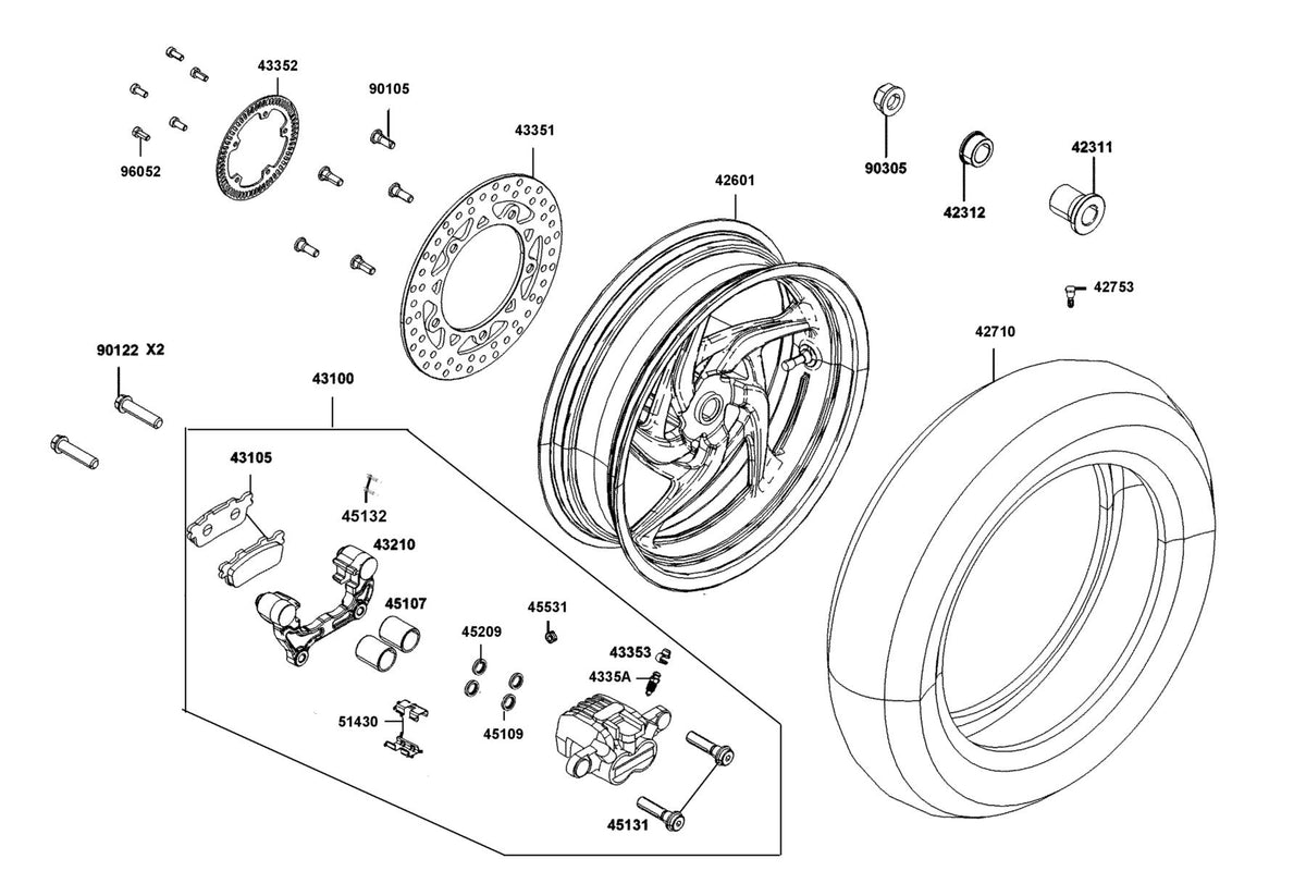 KYMCO Rear Wheel exploded-view diagram, Downtown GT 125i ABS