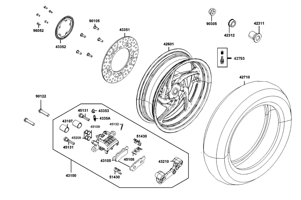 KYMCO Rear Wheel exploded-view diagram, Downtown GT 350i ABS