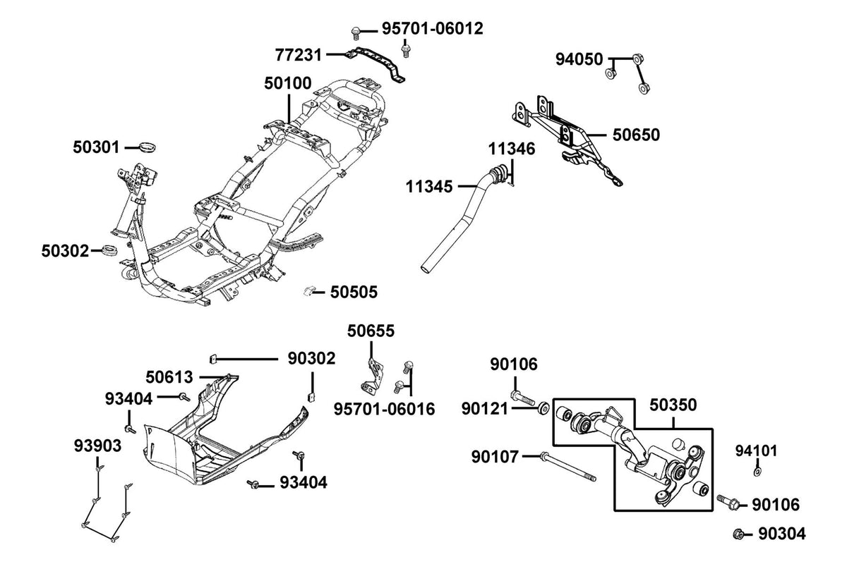 KYMCO Frame Body exploded-view diagram, Super 8 150