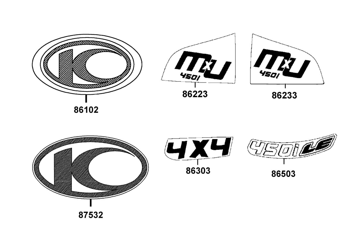 KYMCO Emblem and Stripe exploded-view diagram, MXU 450