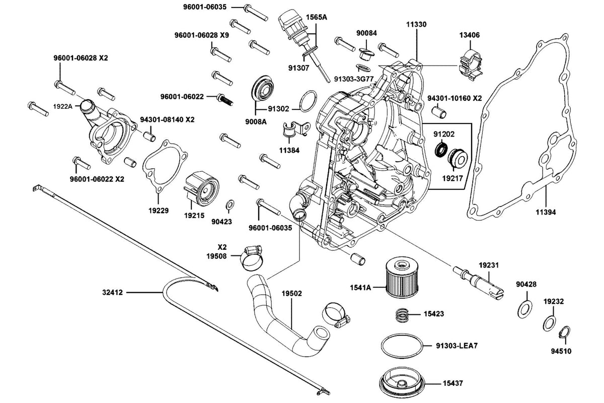KYMCO Right Crankcase Cover and Water Pump exploded-view diagram, Downtown GT 350i ABS