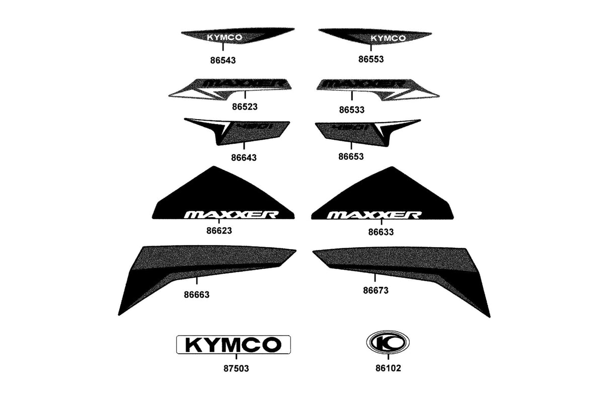 KYMCO Emblem and Stripe exploded-view diagram, MAXXER 450
