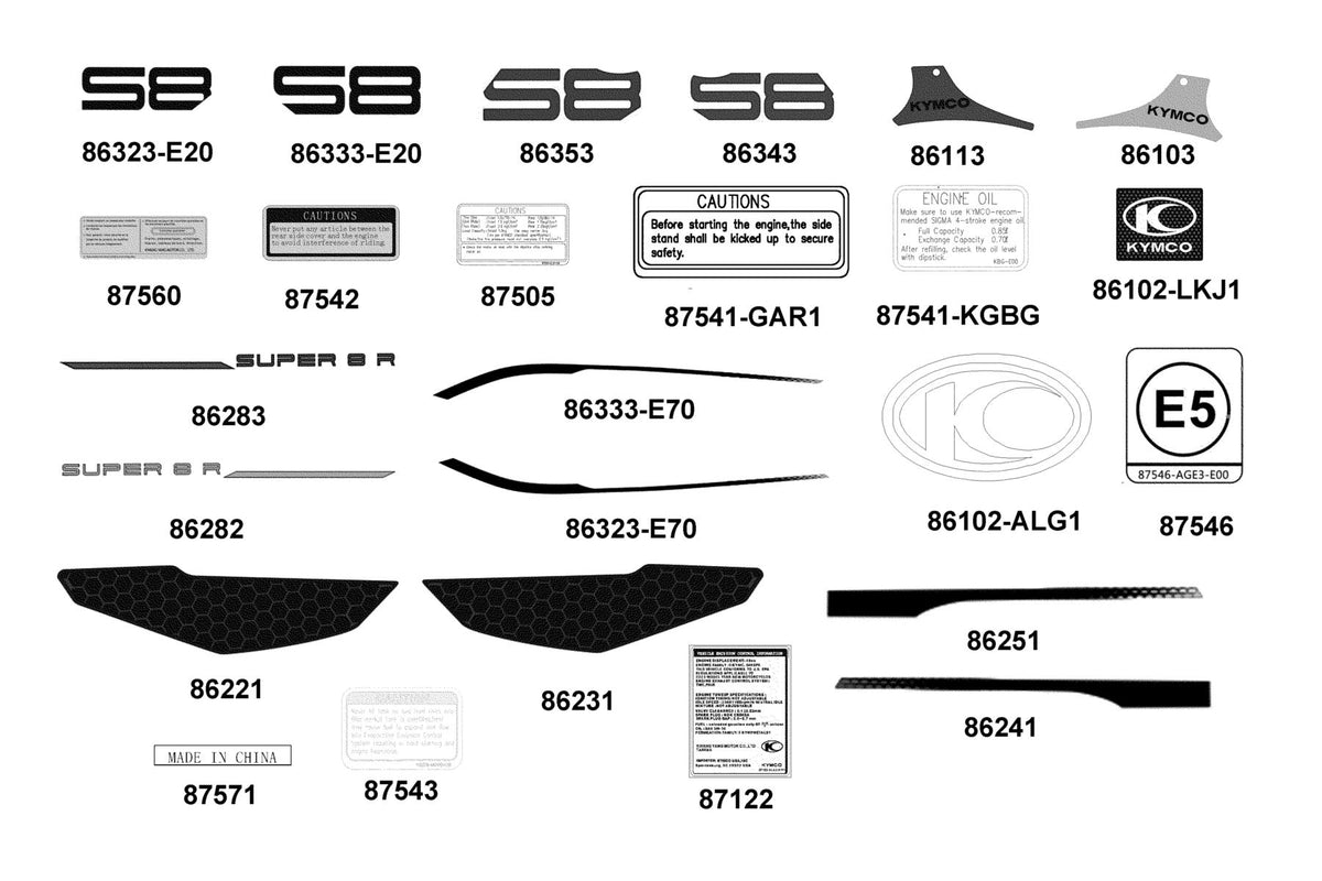 KYMCO Emblem and Stripe exploded-view diagram, Super 8 50