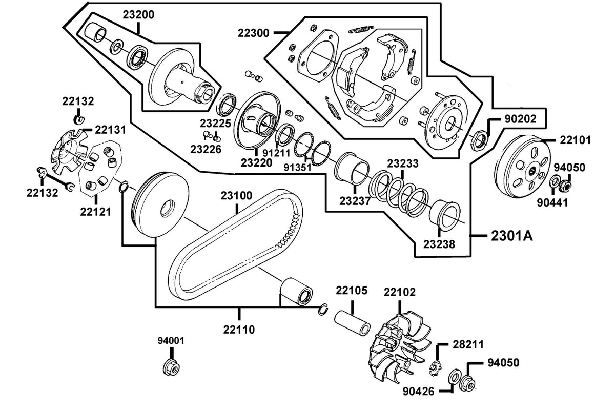 KYMCO Driven Pulley exploded-view diagram, Agility 125
