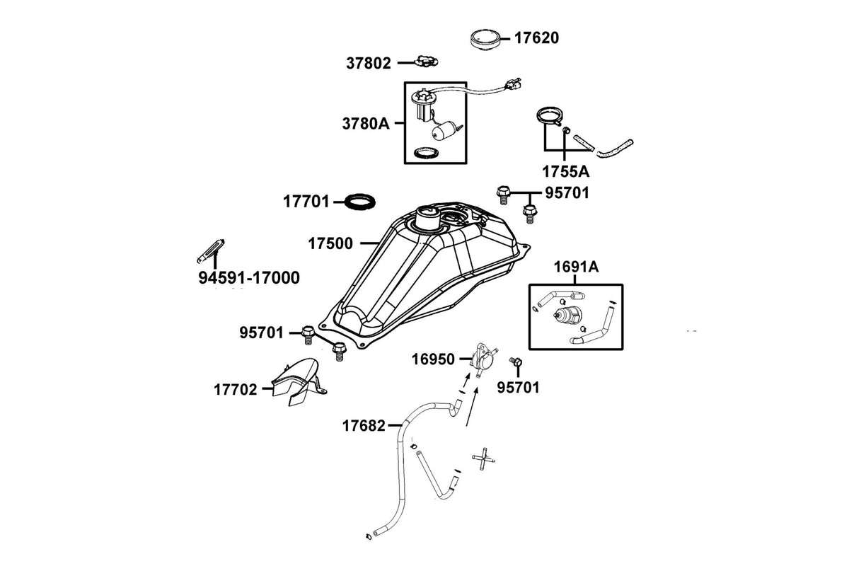 KYMCO Fuel Tank exploded-view diagram, K-Pipe 125