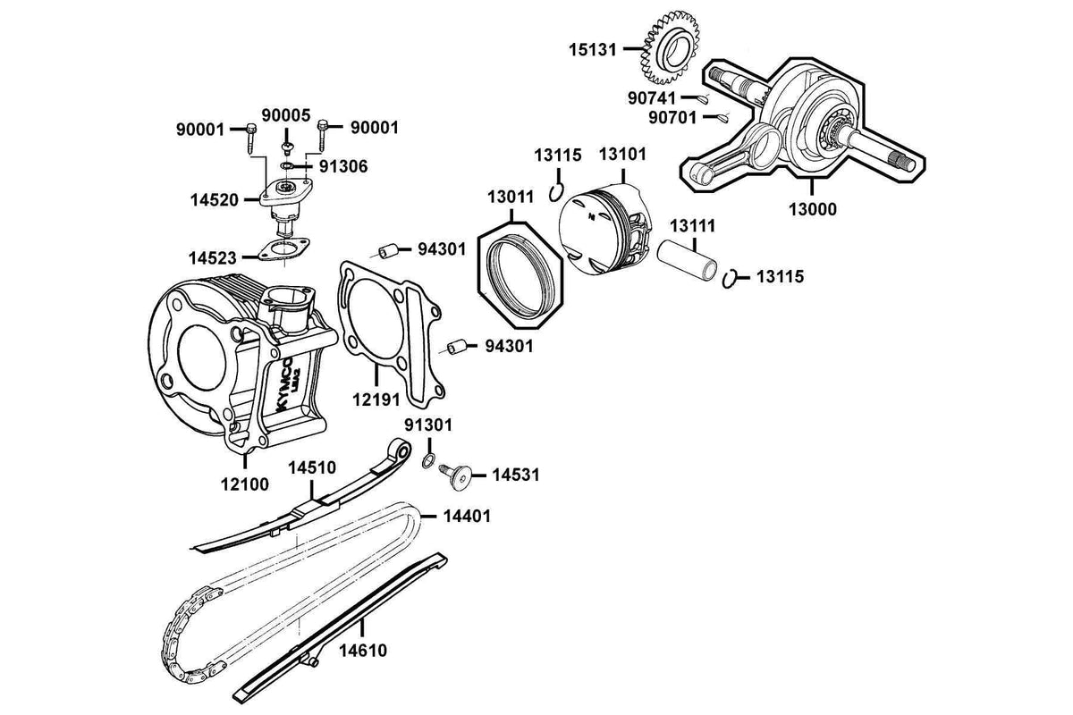 KYMCO Cylinder and Piston and Crankshaft exploded-view diagram, Compagno 110i