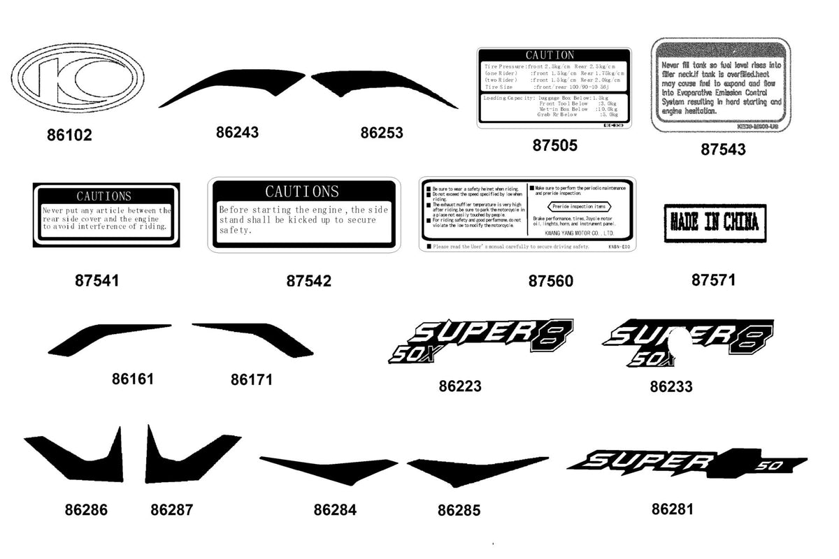 KYMCO Emblem and Stripe exploded-view diagram, Super 8 50