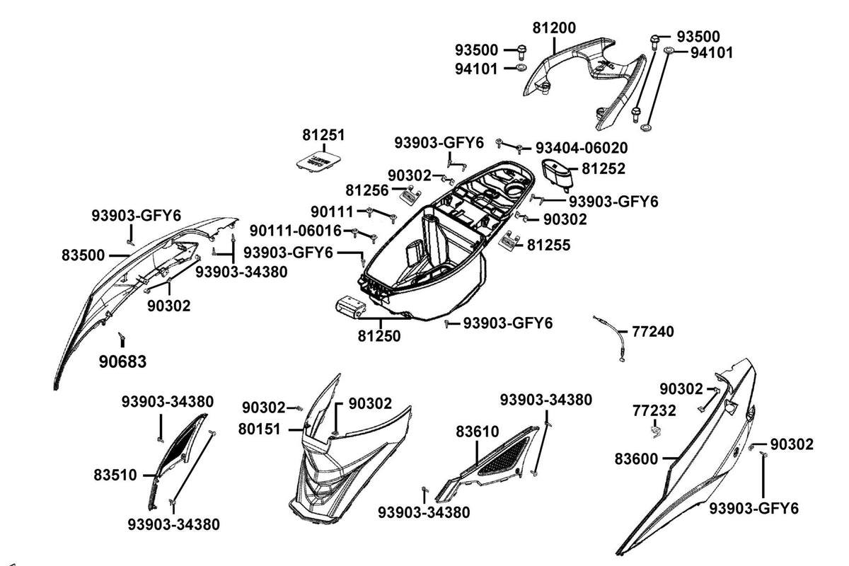 KYMCO Body Cover and Luggage Box exploded-view diagram, Super 8 50