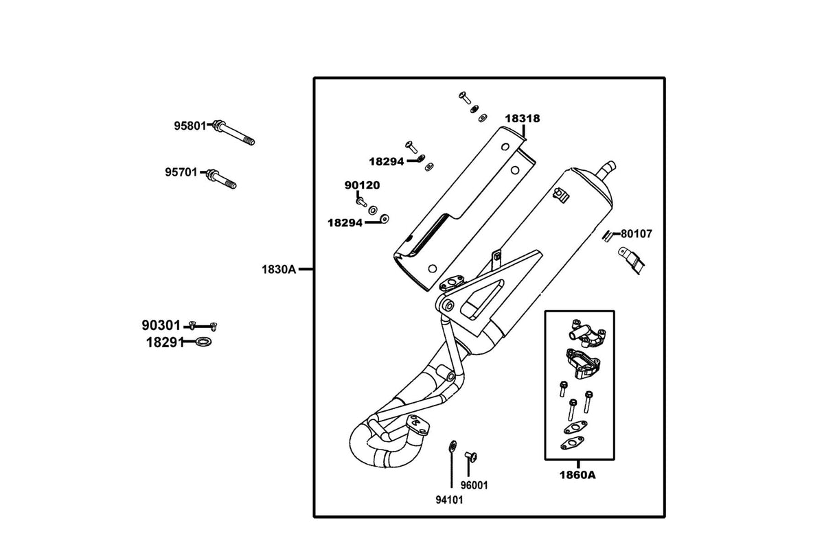 KYMCO Exhaust Muffler exploded-view diagram, Like 50 2T
