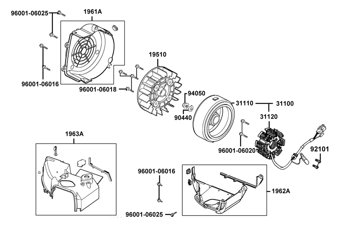 KYMCO Fan Cover and Generator exploded-view diagram, Super 8 150