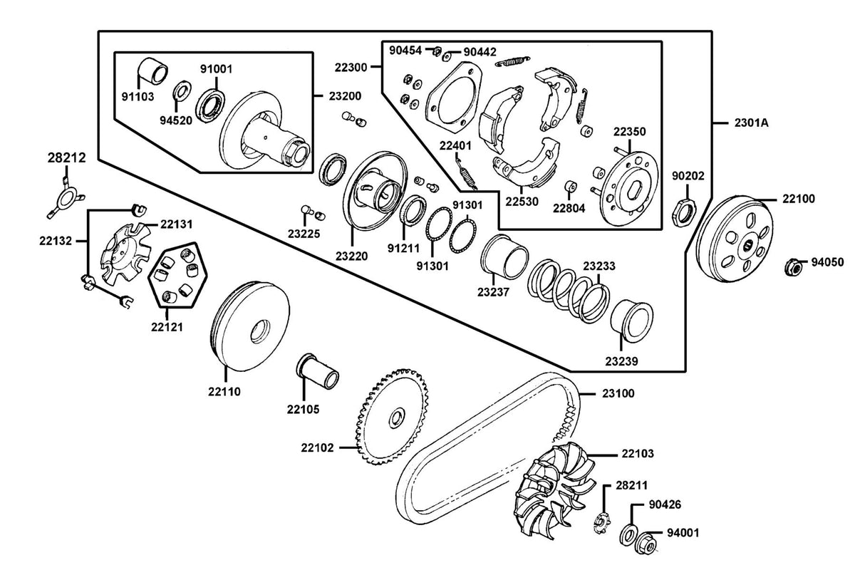 KYMCO Driven Pulley exploded-view diagram, Super 8 50