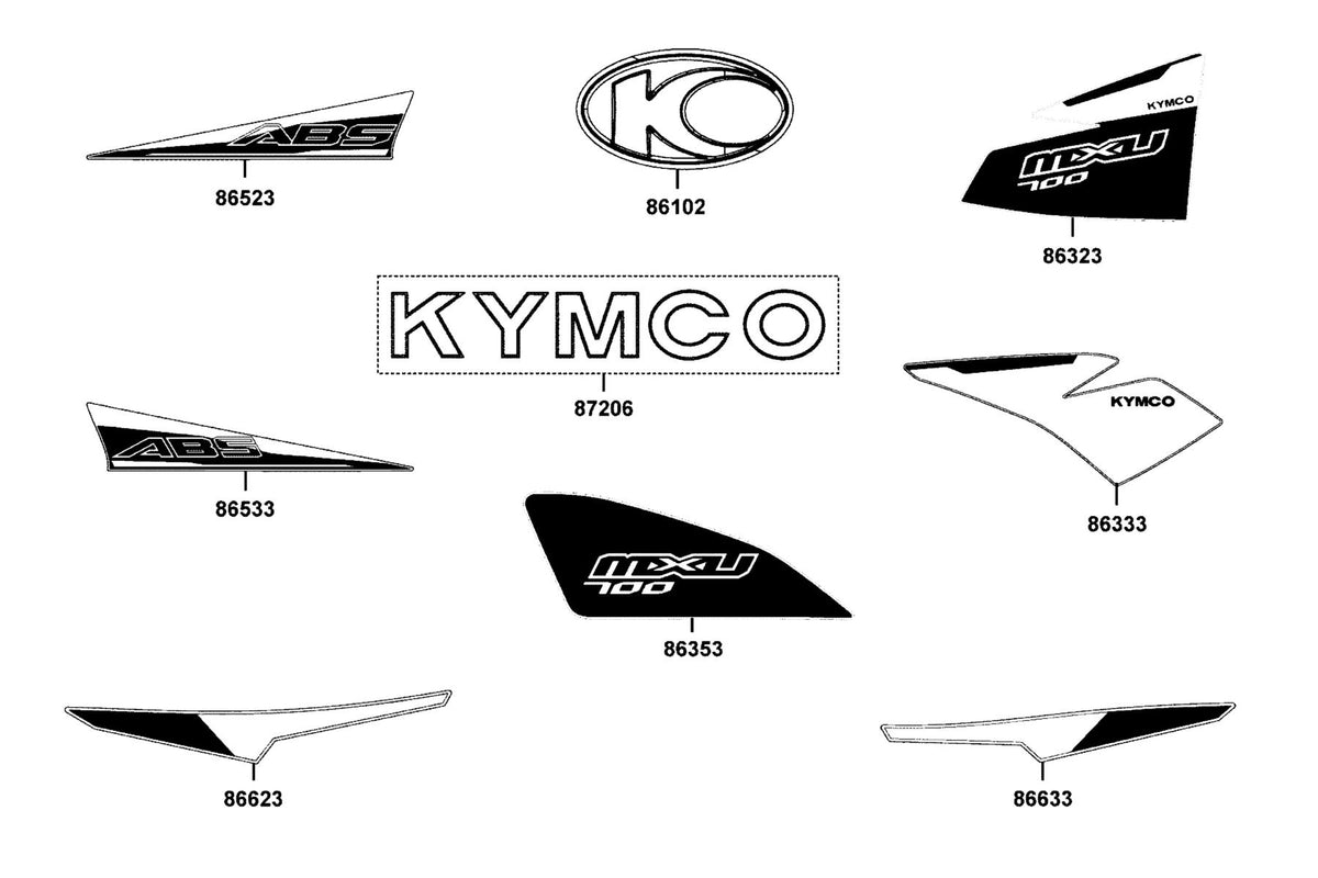 KYMCO Emblem and Stripe exploded-view diagram, MXU 700