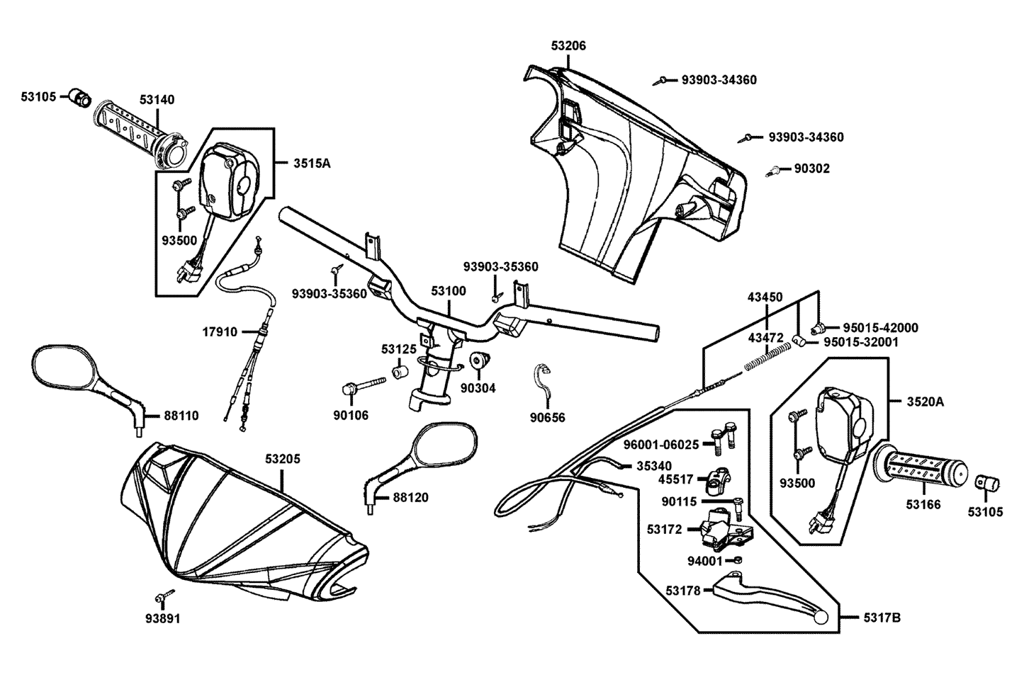 KYMCO Handle Steering and Handle Cover exploded-view diagram, Vitality 50