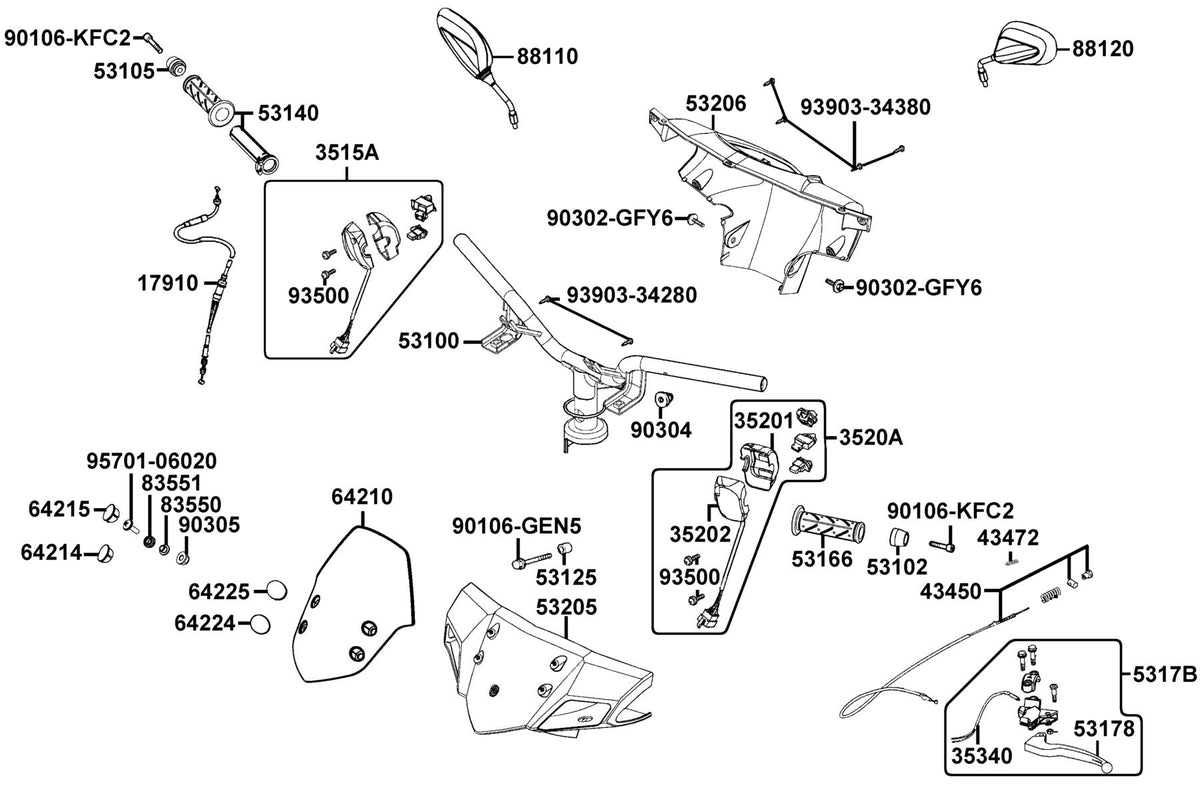KYMCO Handle Steering and Handle Cover exploded-view diagram, Super 8 50