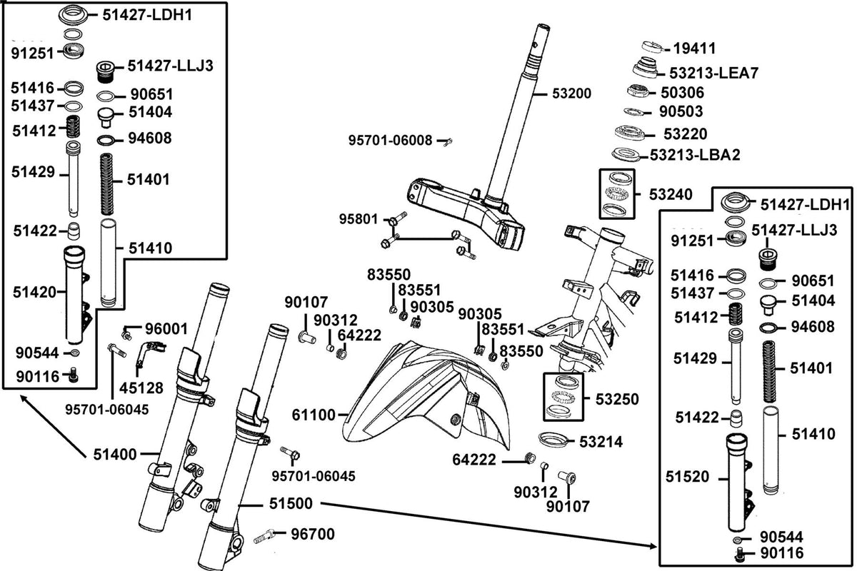 KYMCO Stem Steering and Front Cushion exploded-view diagram, X-Town 300i ABS
