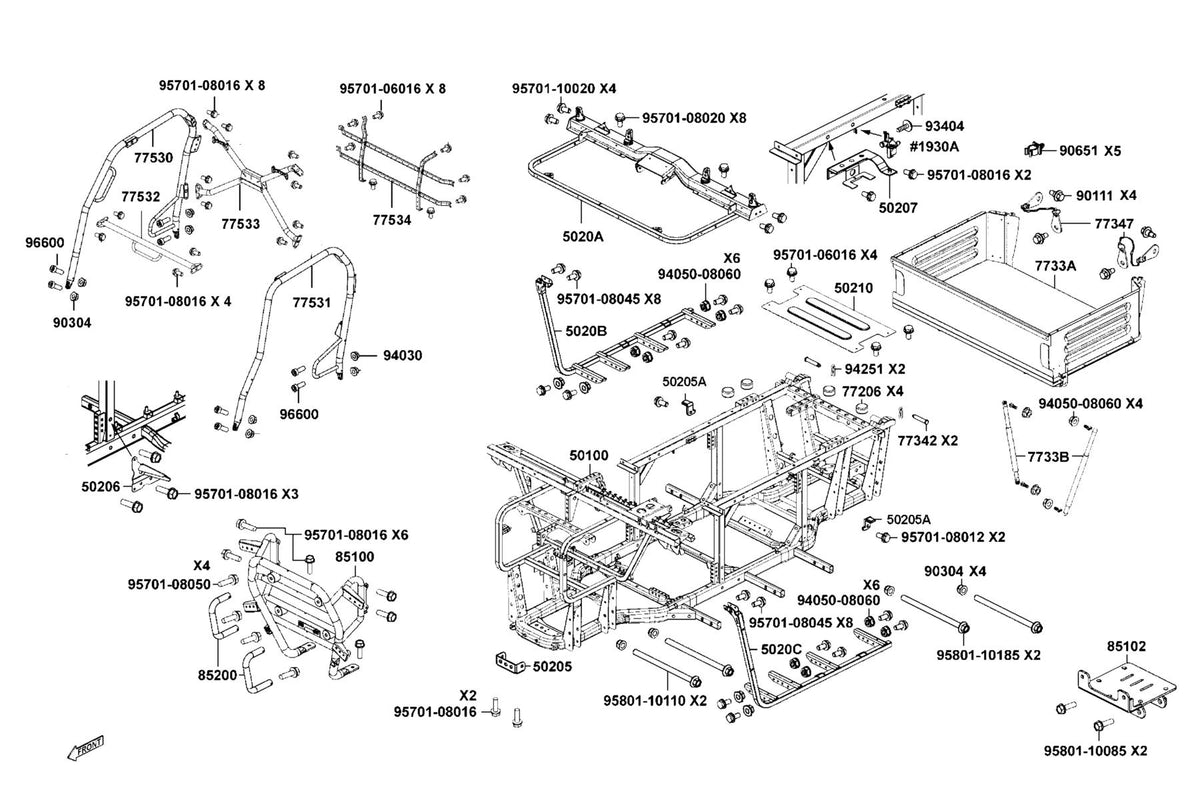KYMCO Body Comp Frame and Cargo Bed Assy exploded-view diagram, UXV 450
