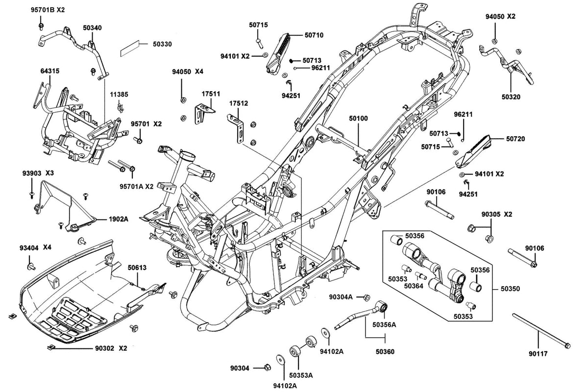 KYMCO Frame Body exploded-view diagram, Downtown GT 125i ABS