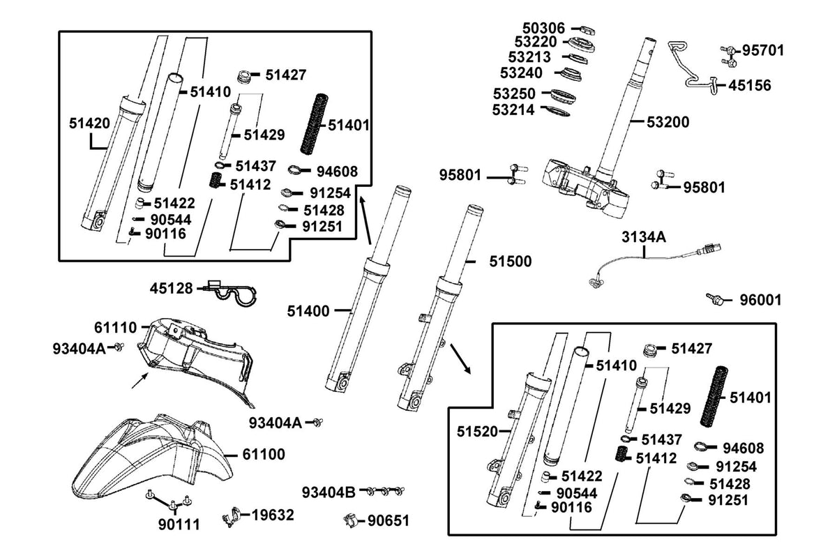 KYMCO Stem Steering and Front Cushion exploded-view diagram, People S 150i ABS