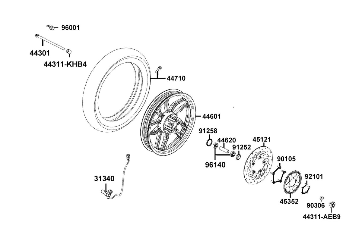 KYMCO Front Wheel exploded-view diagram, People S 150i ABS