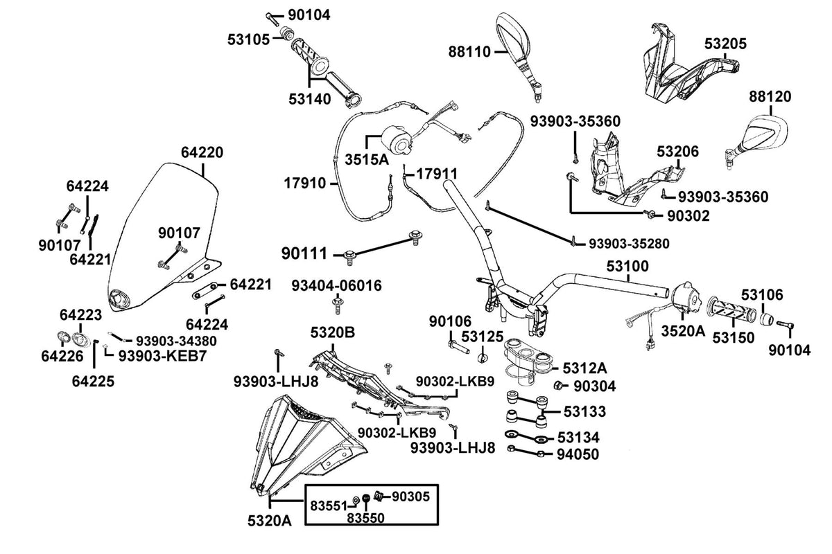 KYMCO Handle Steering and Handle Cover exploded-view diagram, X-Town 300i ABS