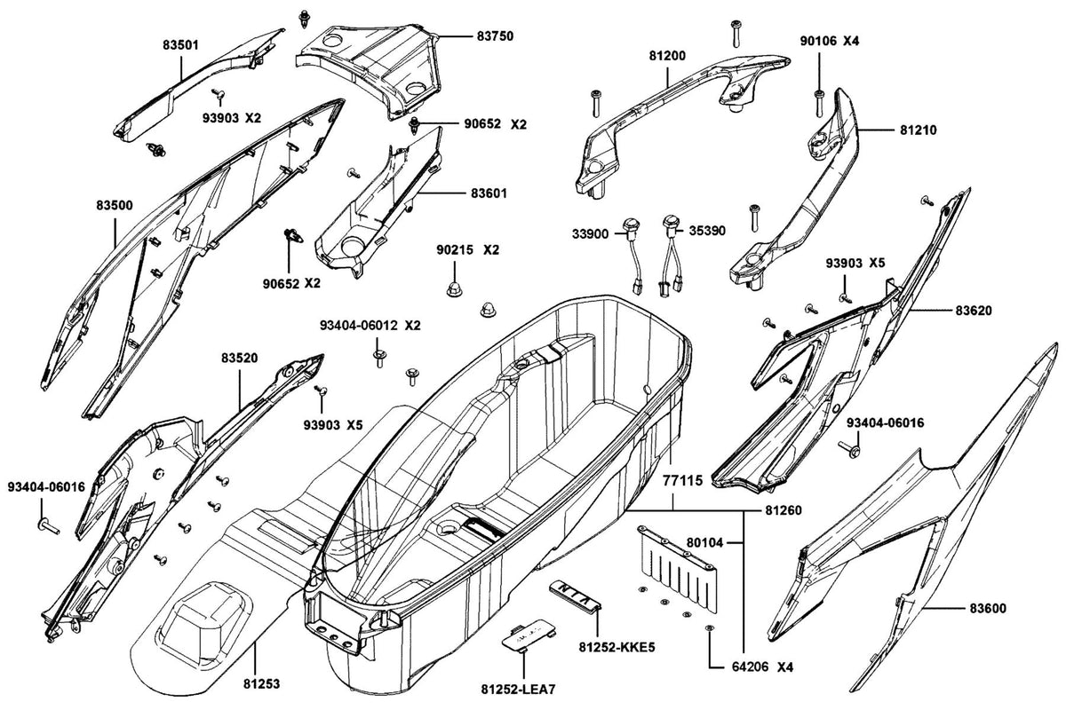 KYMCO Body Cover and Luggage Box exploded-view diagram, Downtown GT 350i ABS