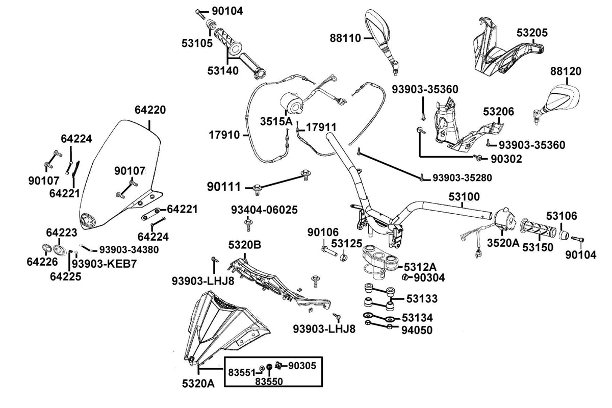 KYMCO Handle Steering and Handle Cover exploded-view diagram, X-Town 300i ABS