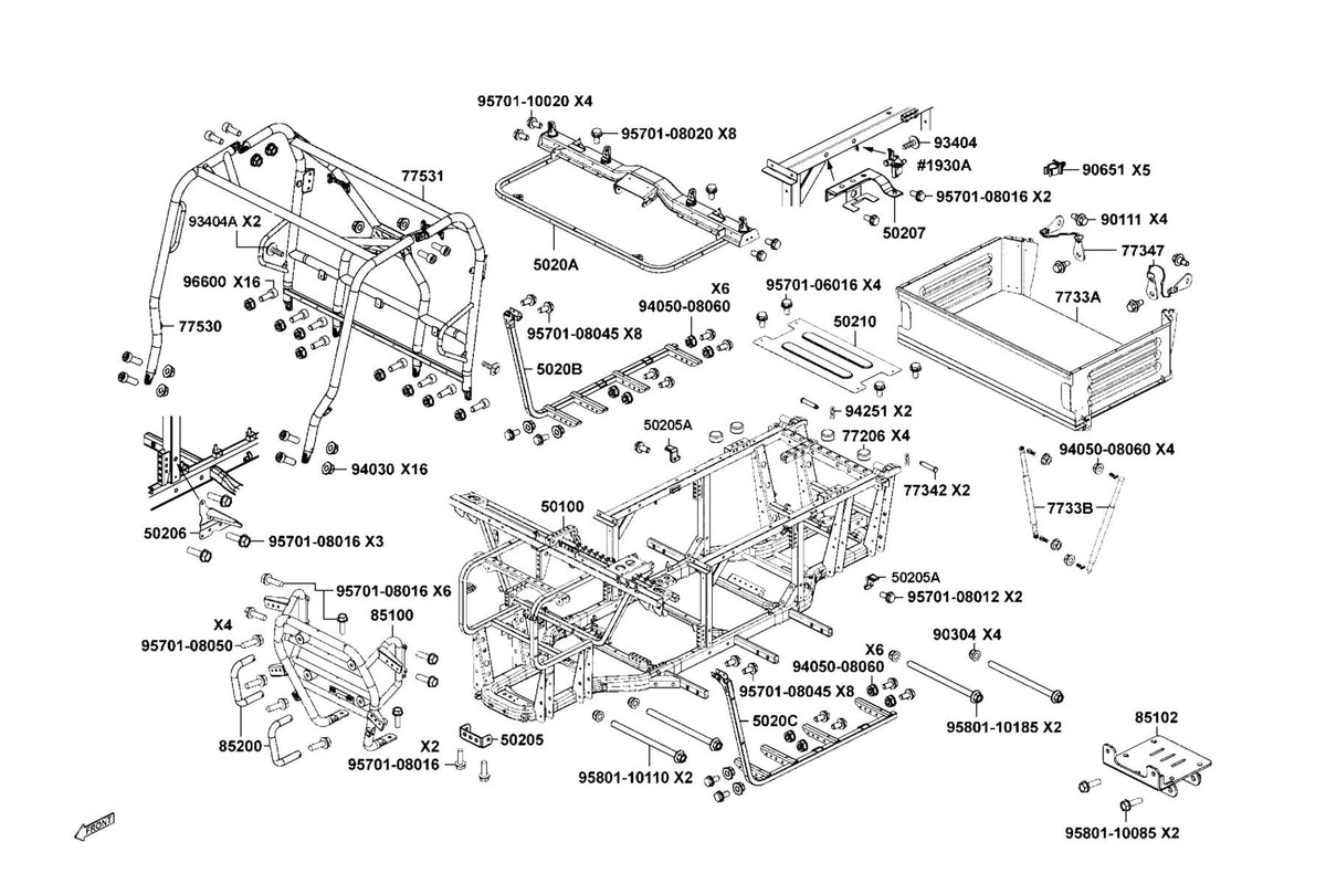 KYMCO Body Comp Frame and Cargo Bed Assy exploded-view diagram, UXV 450