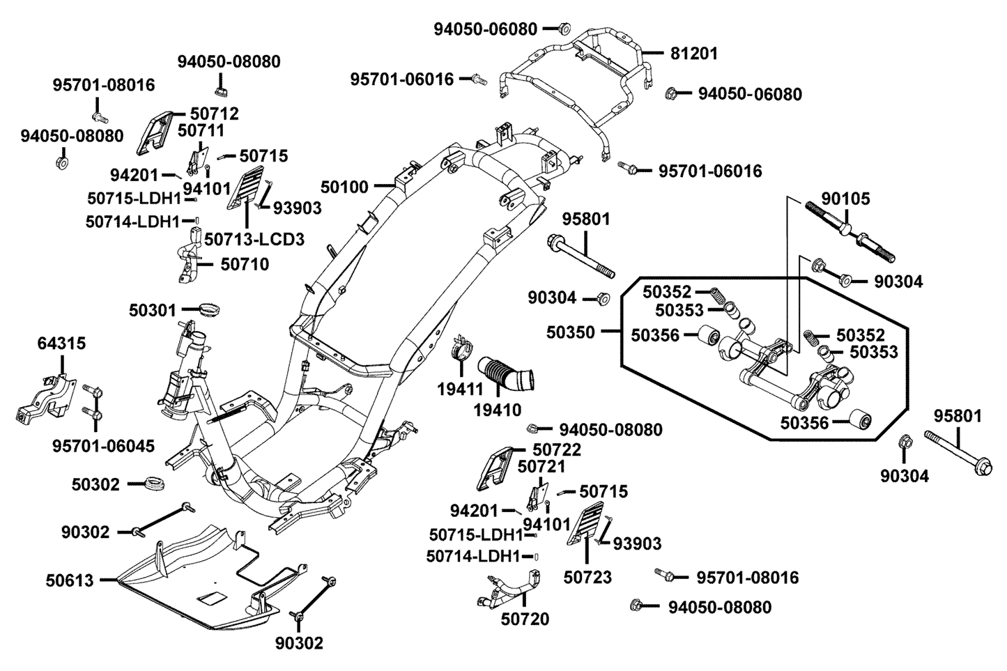 KYMCO Frame Body exploded-view diagram, People S 50