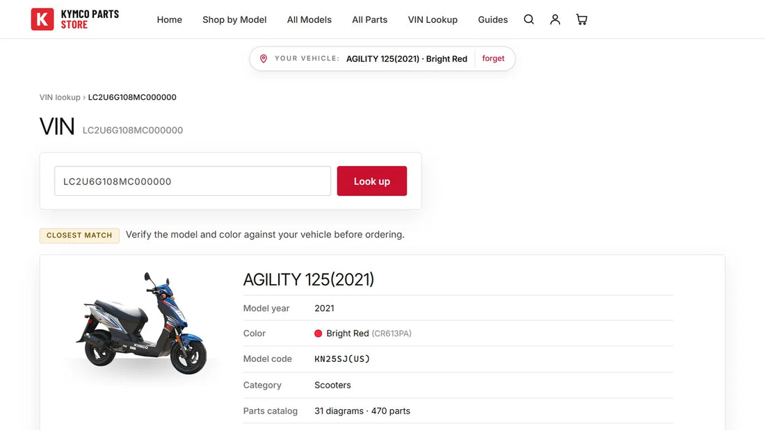 KYMCO VIN lookup screenshot: a decoded VIN with the model, year and colour