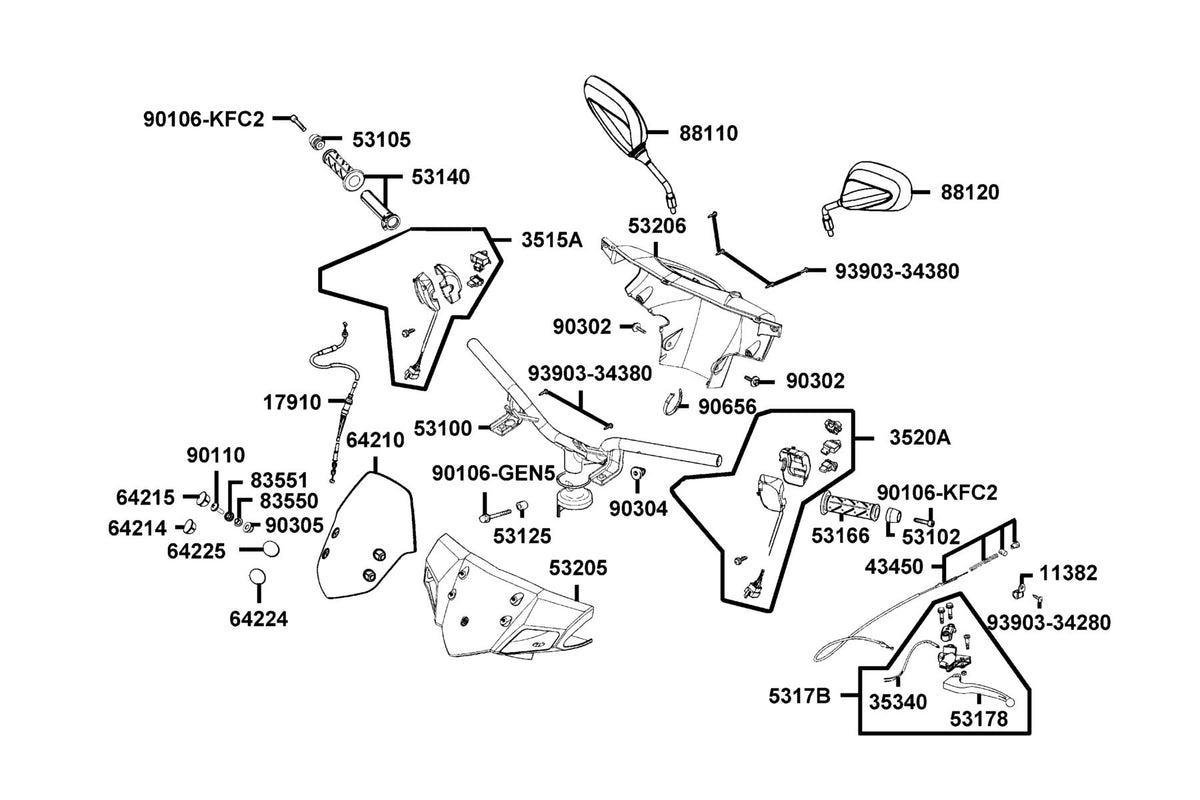 KYMCO Handle Steering and Handle Cover exploded-view diagram, Super 8 150