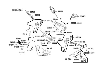 KYMCO Handle Steering and Handle Cover exploded-view diagram, Super 8 150