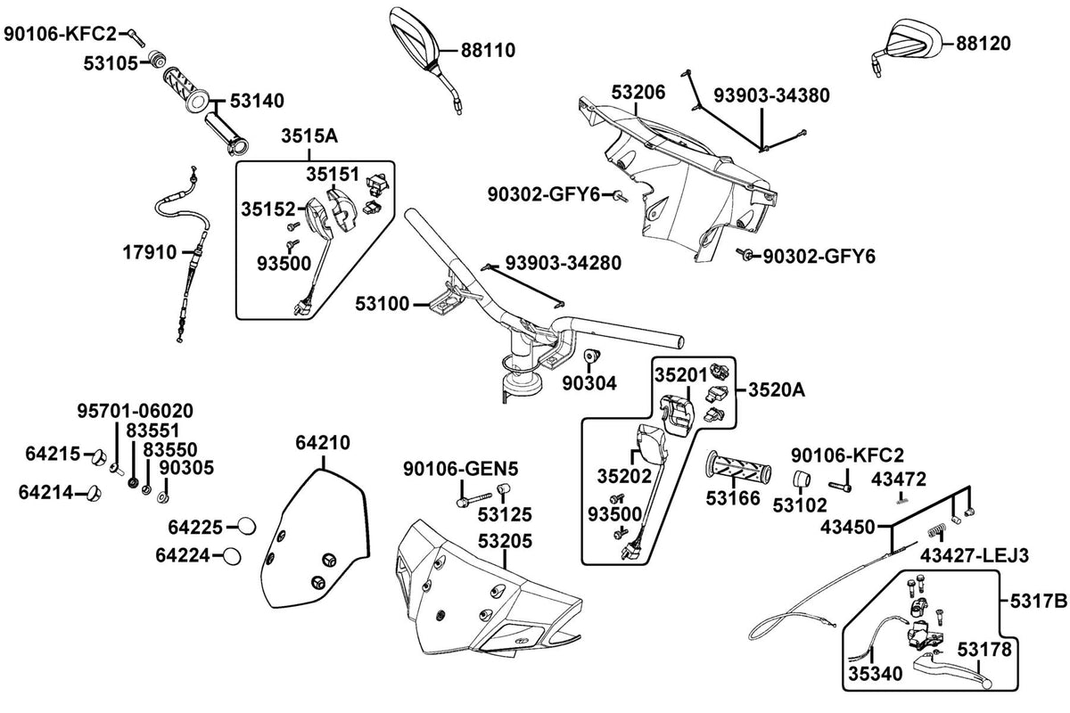 KYMCO Handle Steering and Handle Cover exploded-view diagram, Super 8 50
