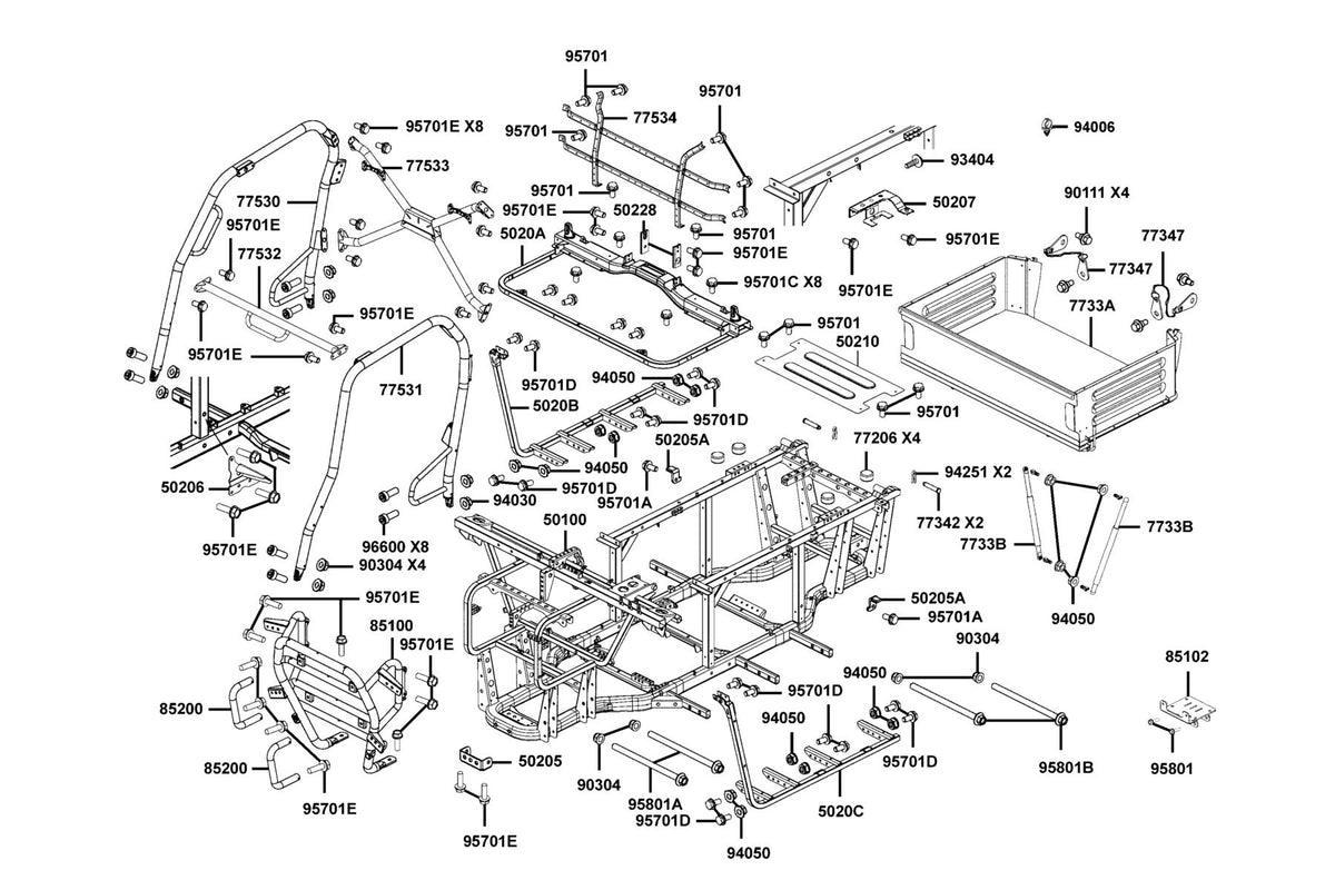 KYMCO Body Comp Frame and Cargo Bed Assy exploded-view diagram, UXV 450