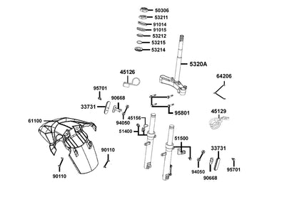KYMCO Stem Steering and Front Cushion exploded-view diagram, Super 8 50