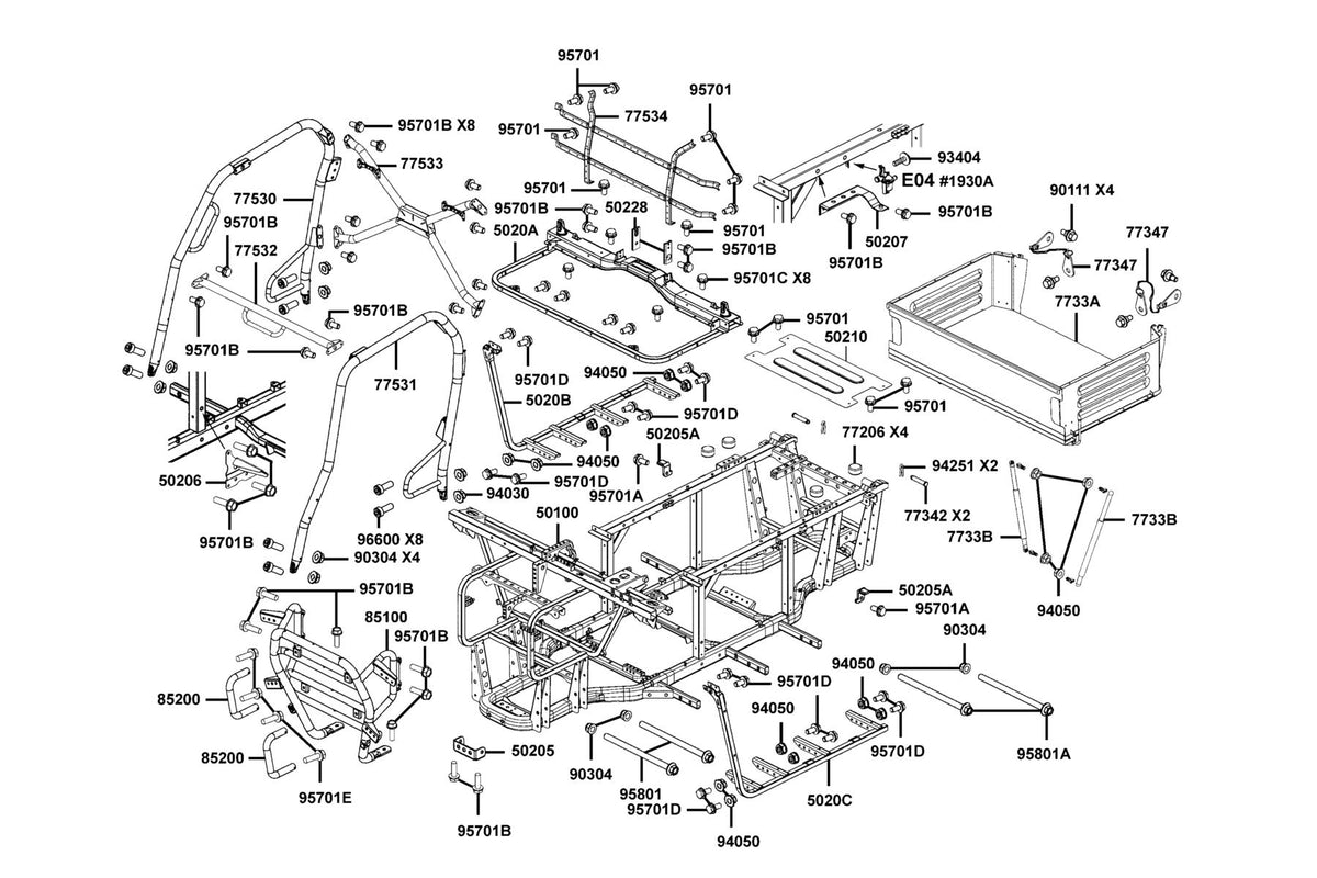 KYMCO Body Comp Frame and Cargo Bed Assy exploded-view diagram, UXV 450