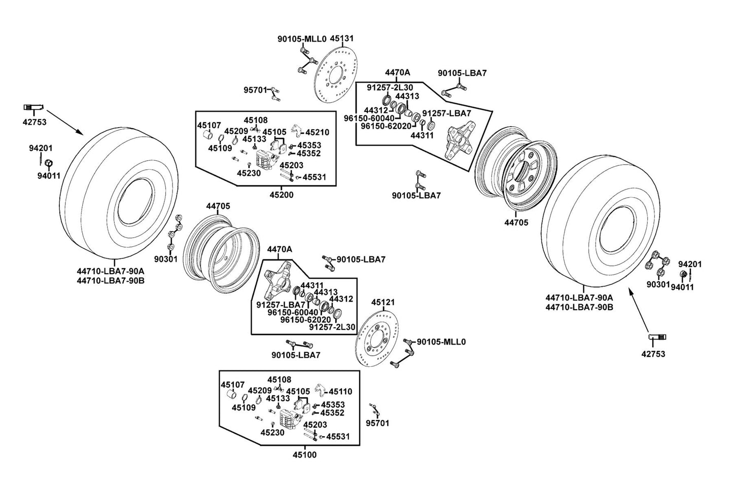 Tire Assy Fr AT21*7-10 4P Tl /kenda — 44710-LBA7-90A — KYMCO exploded-view diagram