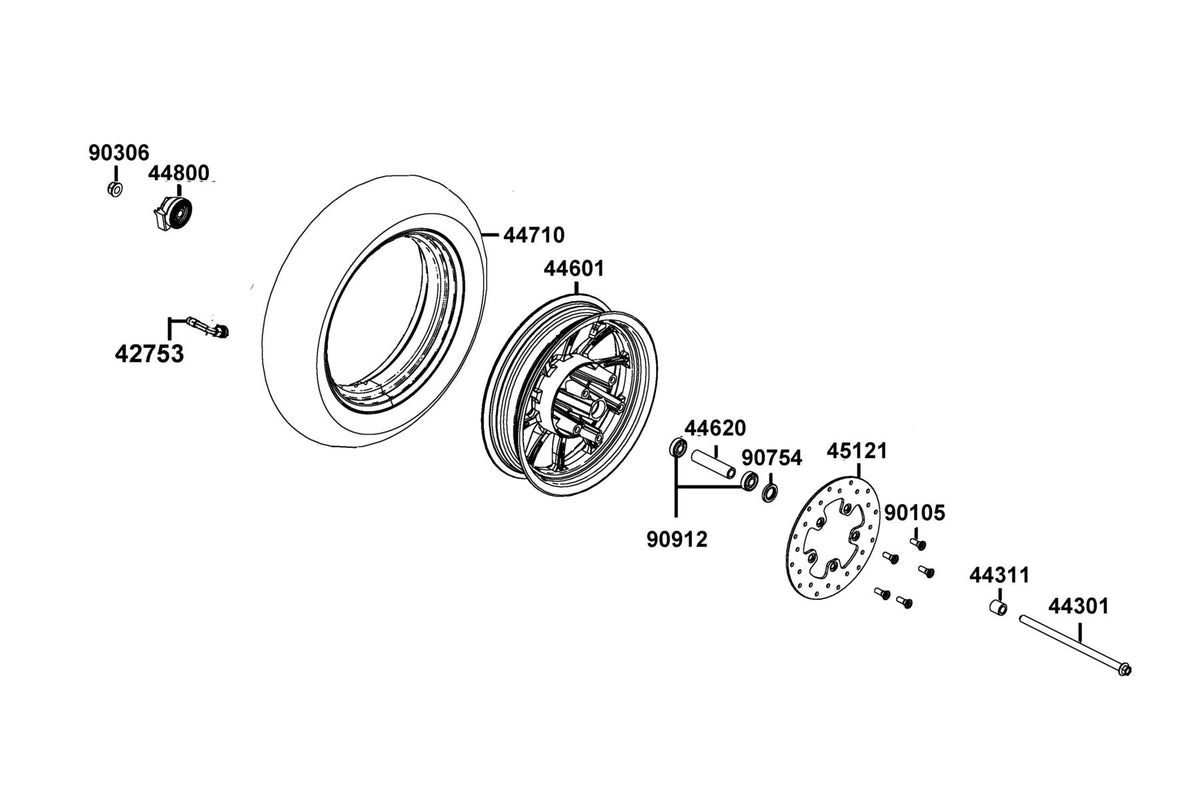 KYMCO Front Wheel exploded-view diagram, Like 50i