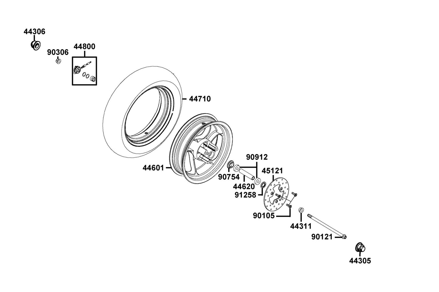 KYMCO Front Wheel exploded-view diagram, Agility 125