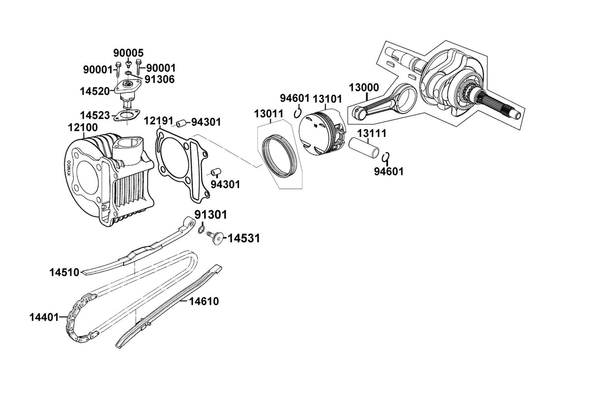 KYMCO Cylinder and Piston and Crankshaft exploded-view diagram, People S 150i ABS