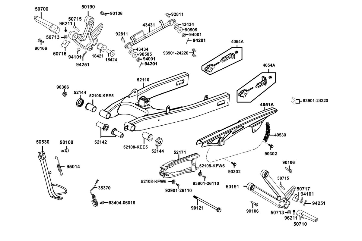 KYMCO Rear Fork, Step and Chain Case exploded-view diagram, Quannon 150