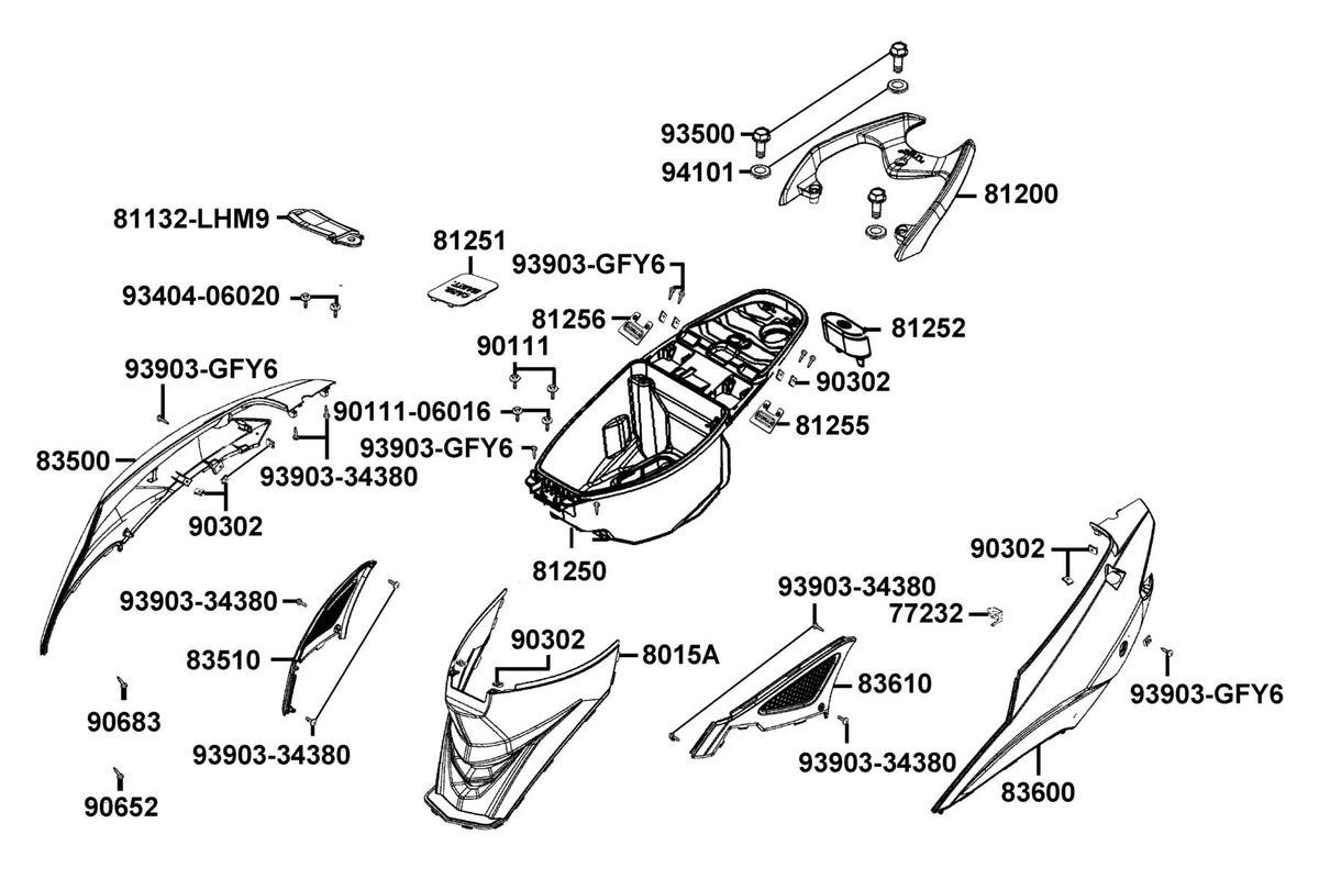 KYMCO Body Cover and Luggage Box exploded-view diagram, Super 8 150