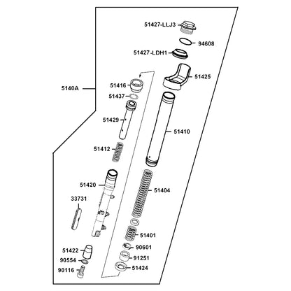KYMCO Front Right Fork Set (Silver) 5140A-ALH3-900-NJA, part location on the factory exploded-view diagram