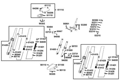 KYMCO Stem Steering and Front Cushion exploded-view diagram, Super 8 50