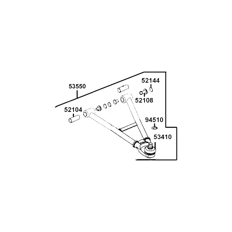 KYMCO A-Arm Assembly .Front Lower Left 53550-AGA8-E00-MAS, part location on the factory exploded-view diagram