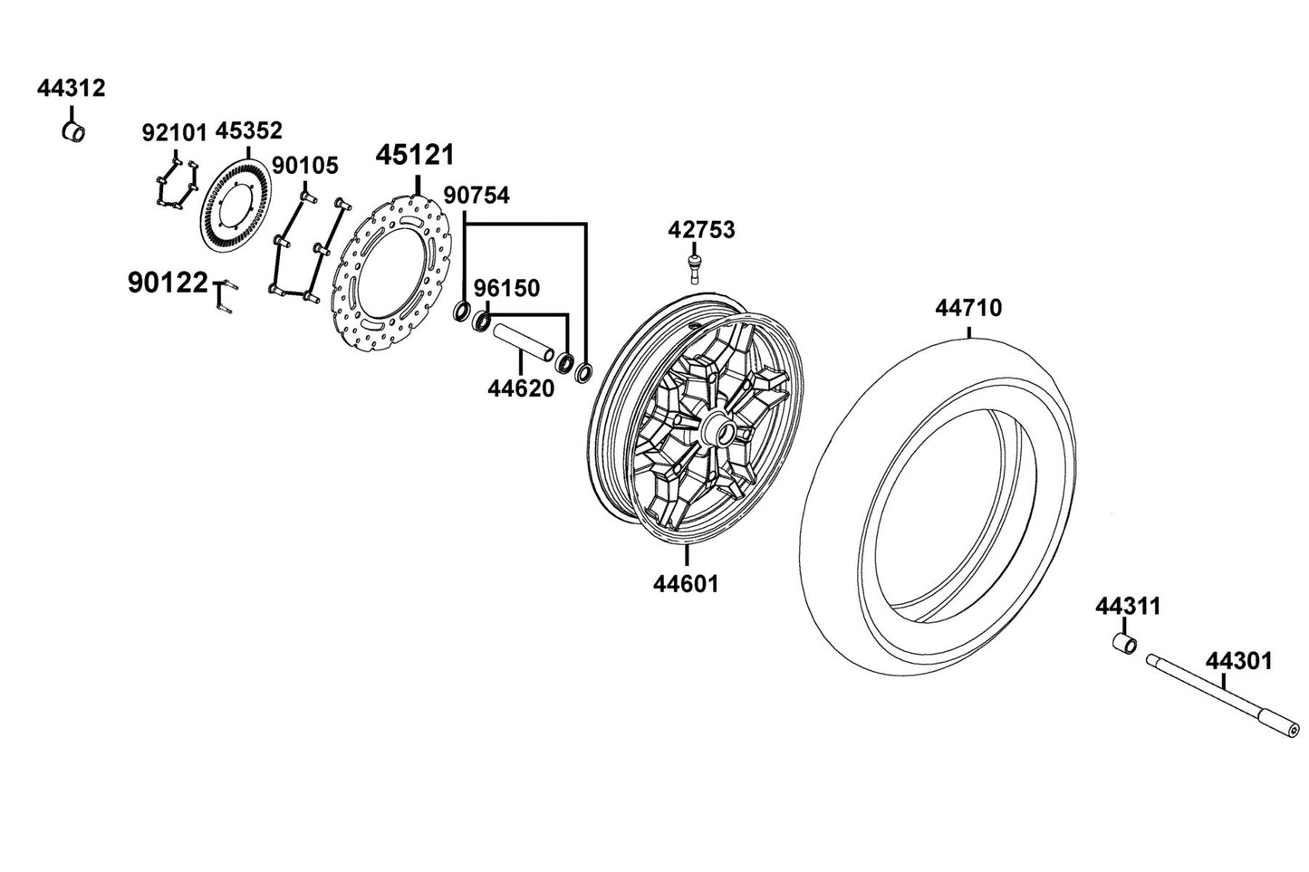 Tire Assy, Fr — 44710-ABD2-C00 — KYMCO exploded-view diagram